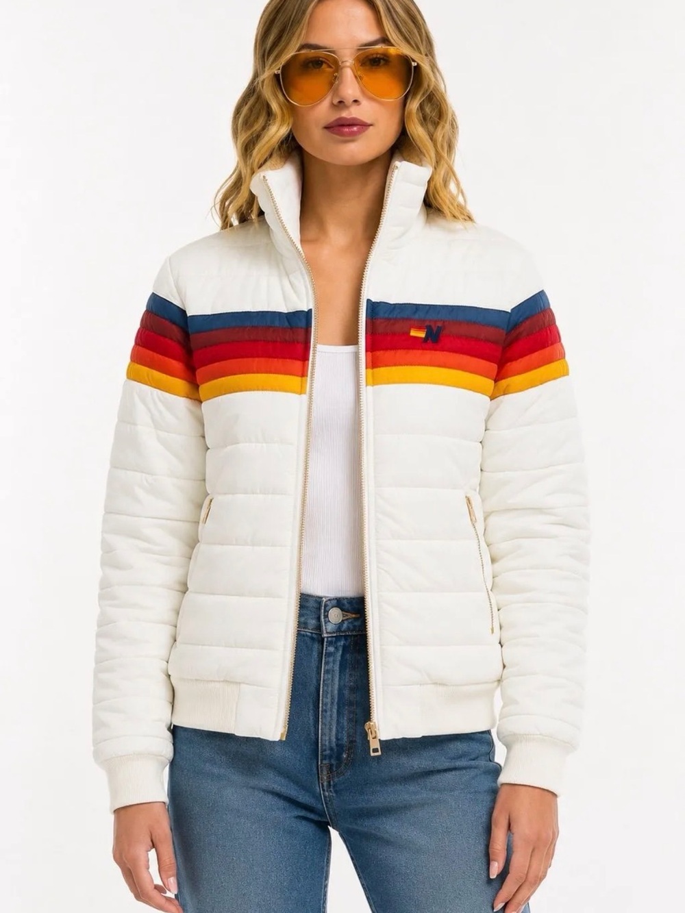 Aviator Nation 5 Stripe Puffer Jacket - White (Size Medium - NWOT)